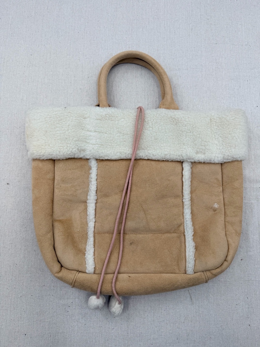 Gap Beige Shearling Trim Tote Bag with Pink Drawstring